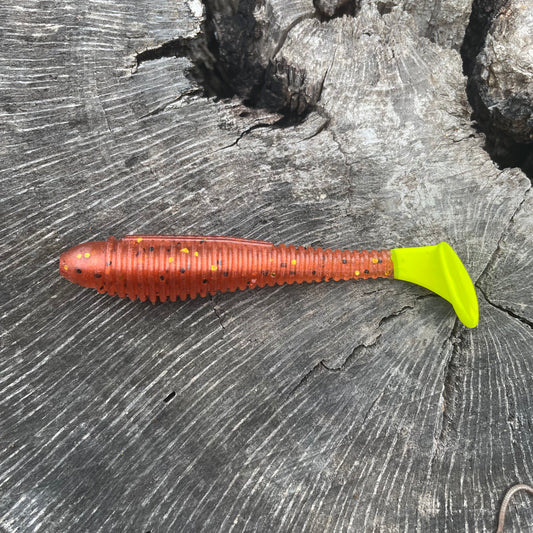 Flats Shad New Penny 3.8” w/chartreuse tail